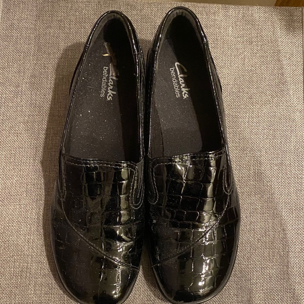 Clarks Shiny Black Croc Pattern Loafers